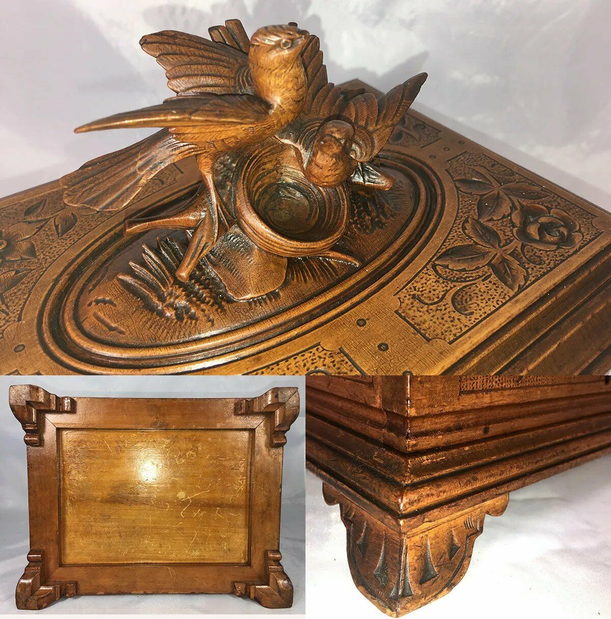 Antique Black Forest Carved 9.25" Cigar Chest, Box, Caddy, Lovebirds & Nest