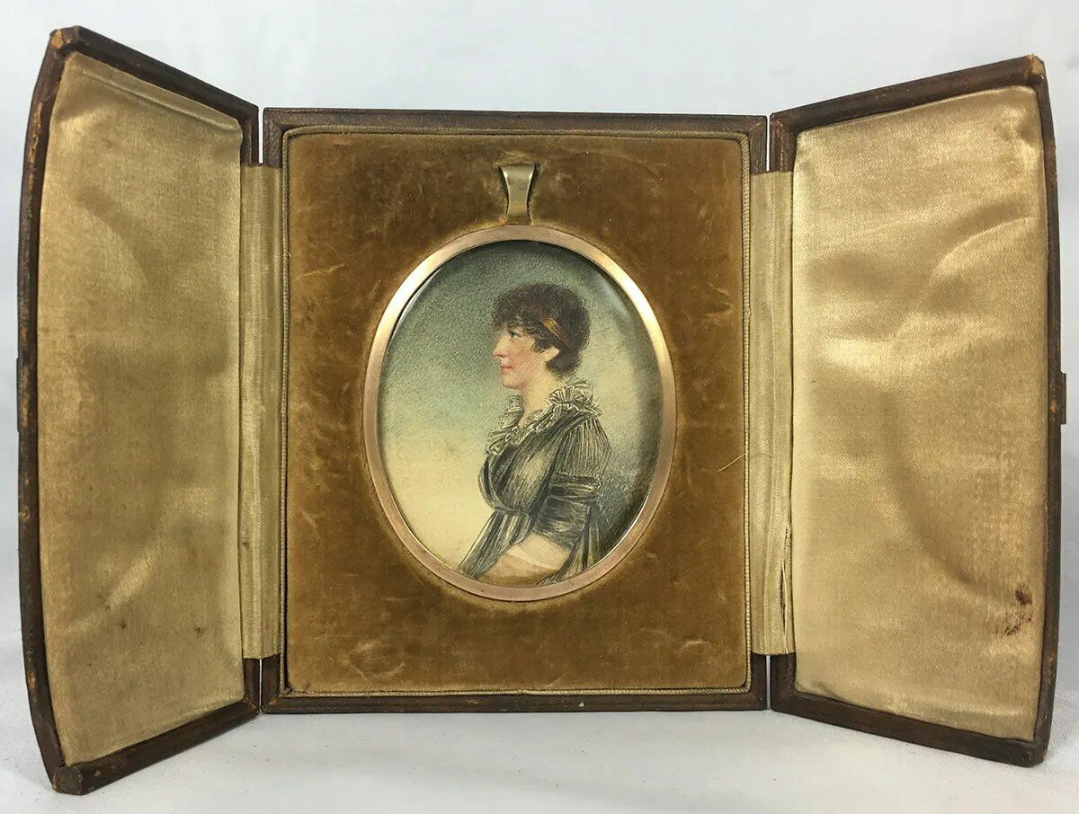 Antique Edwardian Portrait Miniature, Pastels, Pen and Ink Profile Lady in Frame