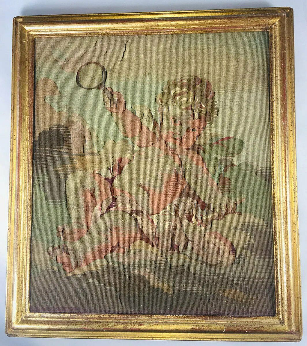 Antique 1700s French Aubusson Tapestry Fragment 15.25" x 13.25" Frame, a Putto