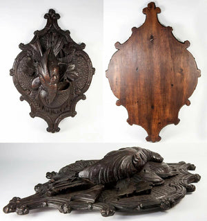 Antique Carved Black Forest "Fruits of the Hunt" 15.75" Wall Plaque, Match Hold