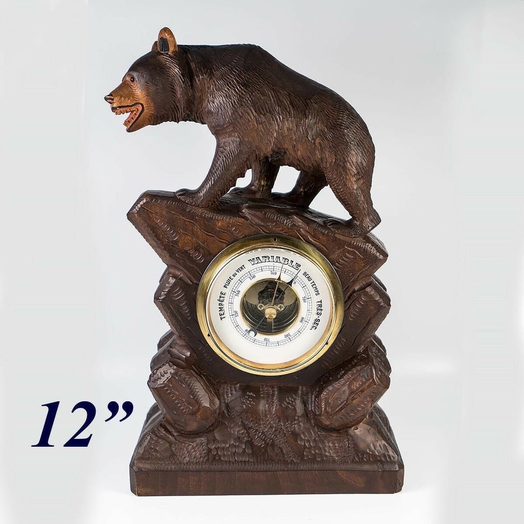 Charming Antique to Vintage Hand Carved Black Forest Bear, 12" Barometer Stand