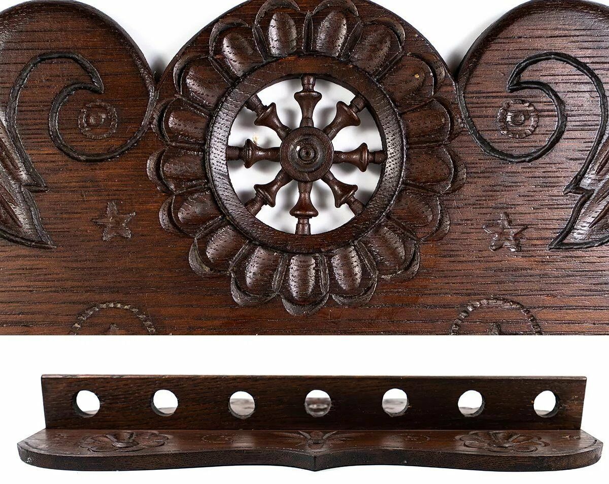 Antique French or Belgian Carved Bretton Chip Carved Pipe or Spoon Rack, 12.5"