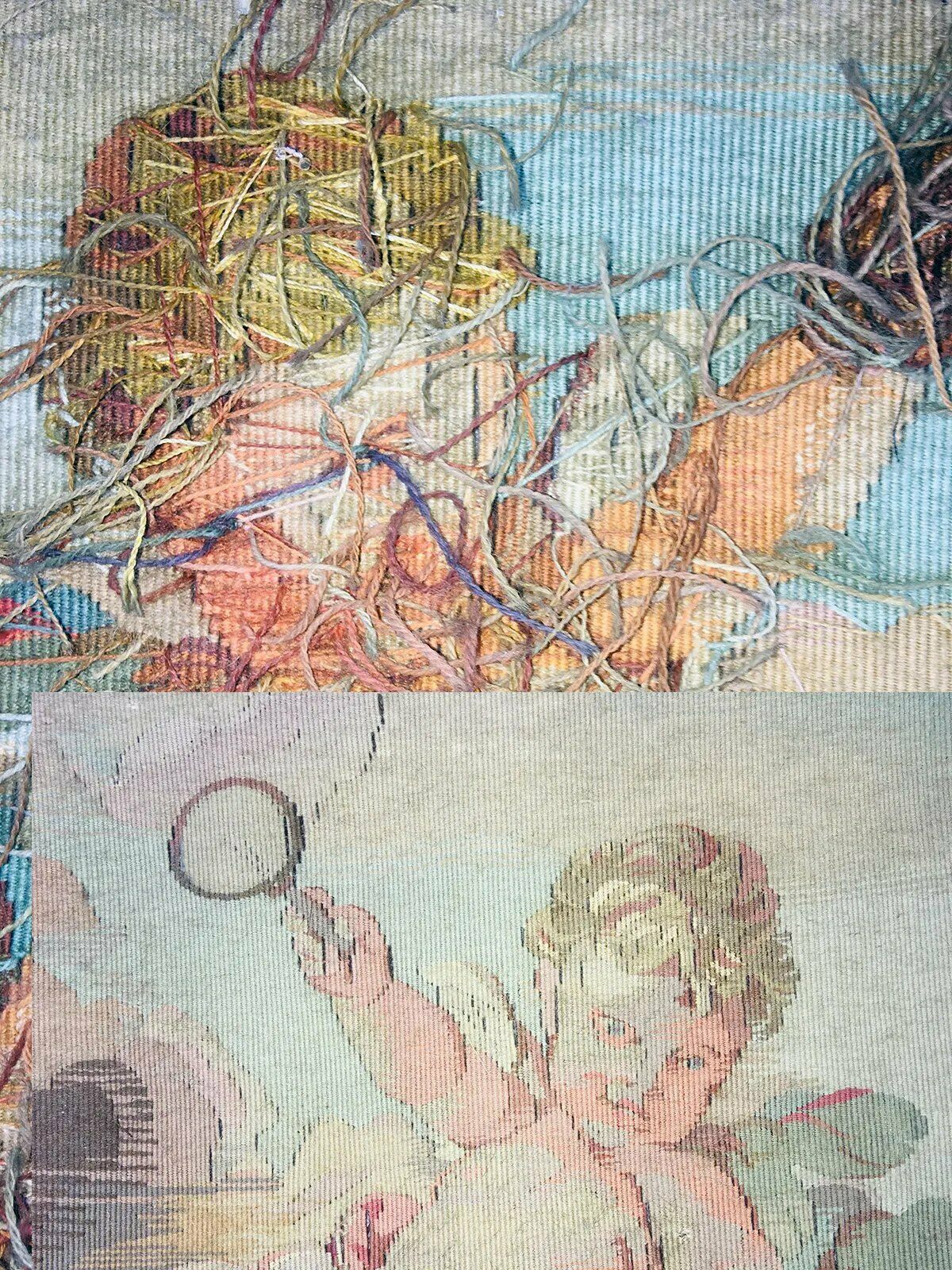 Antique 1700s French Aubusson Tapestry Fragment 15.25" x 13.25" Frame, a Putto