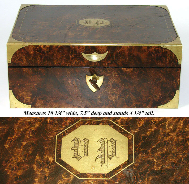 Museum Antique Napoleon Era Campaign Dressing Box, Rich Burl & Brass Inlay