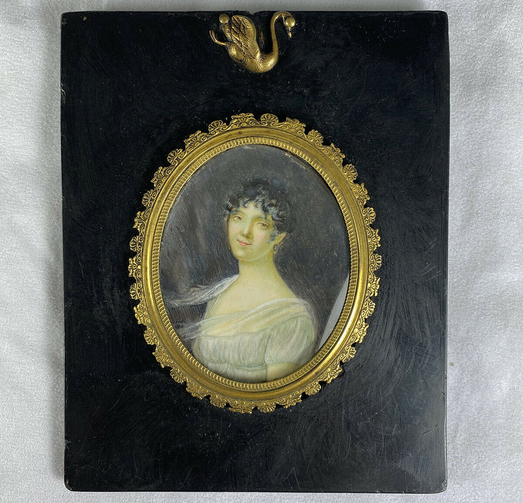 Antique French Empire Portrait Miniature, Beautiful Young Woman, Swan Frame