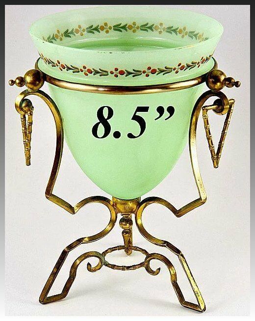 Antique French Opaline Vase in Ormolu Casement, 8.5" Tall, Enameled Green Glass