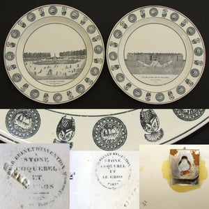 Pair Antique French Creil Faience 8 1/4" Cabinet Plates, Paris Grand Tour Scenes