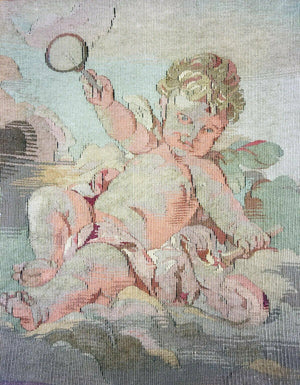 Antique 1700s French Aubusson Tapestry Fragment 15.25" x 13.25" Frame, a Putto