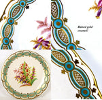 Antique 4pc Hand Painted 8 3/4" Cabinet Plate Set, Flowers with Turquoise & Gold