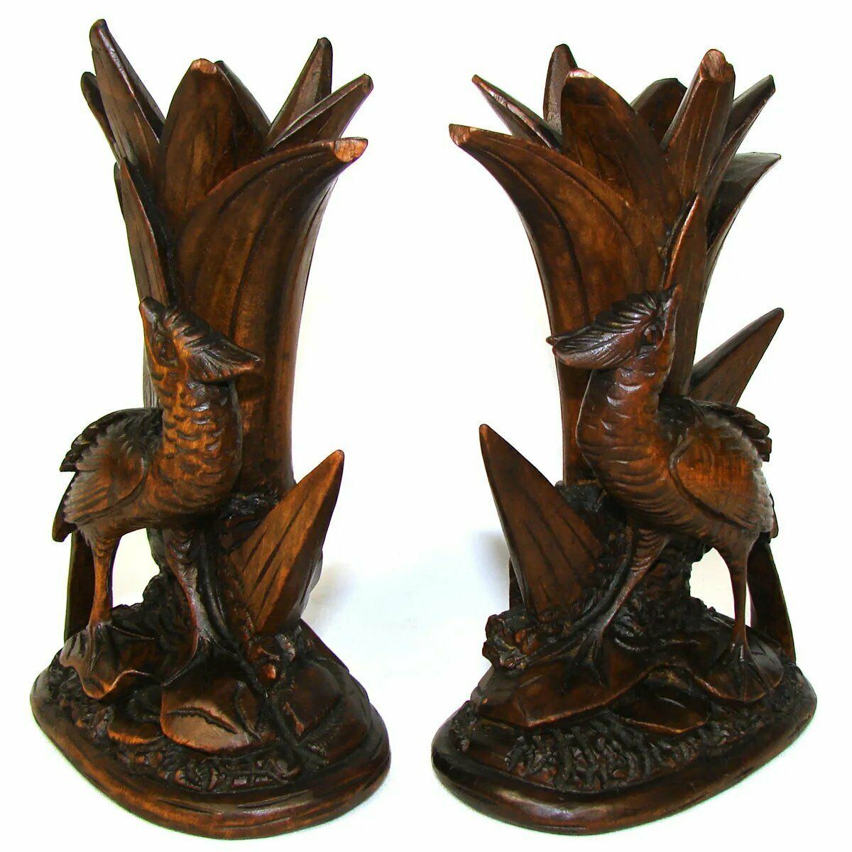 Antique Black Forest Carved Epergne Vase or Candle Stand Pair, Game Bird Figures