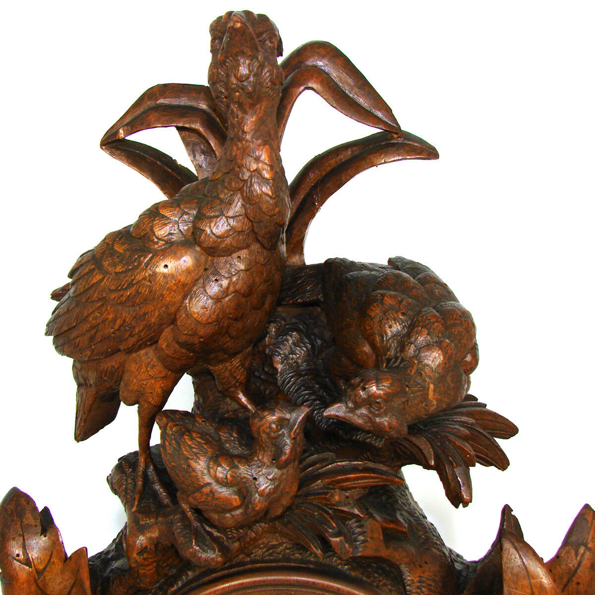 Large Antique Black Forest Carved 17" Mantel Clock, Three Game Birds & Foliage
