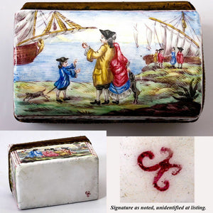 Antique Kiln-fired Enamel Box, Large and Superb. Sea & Ships 1700s Themes