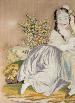 Georgian - Victorian Era 29.75" Needlepoint, Needlework Canvas in Frame, 2 Girls