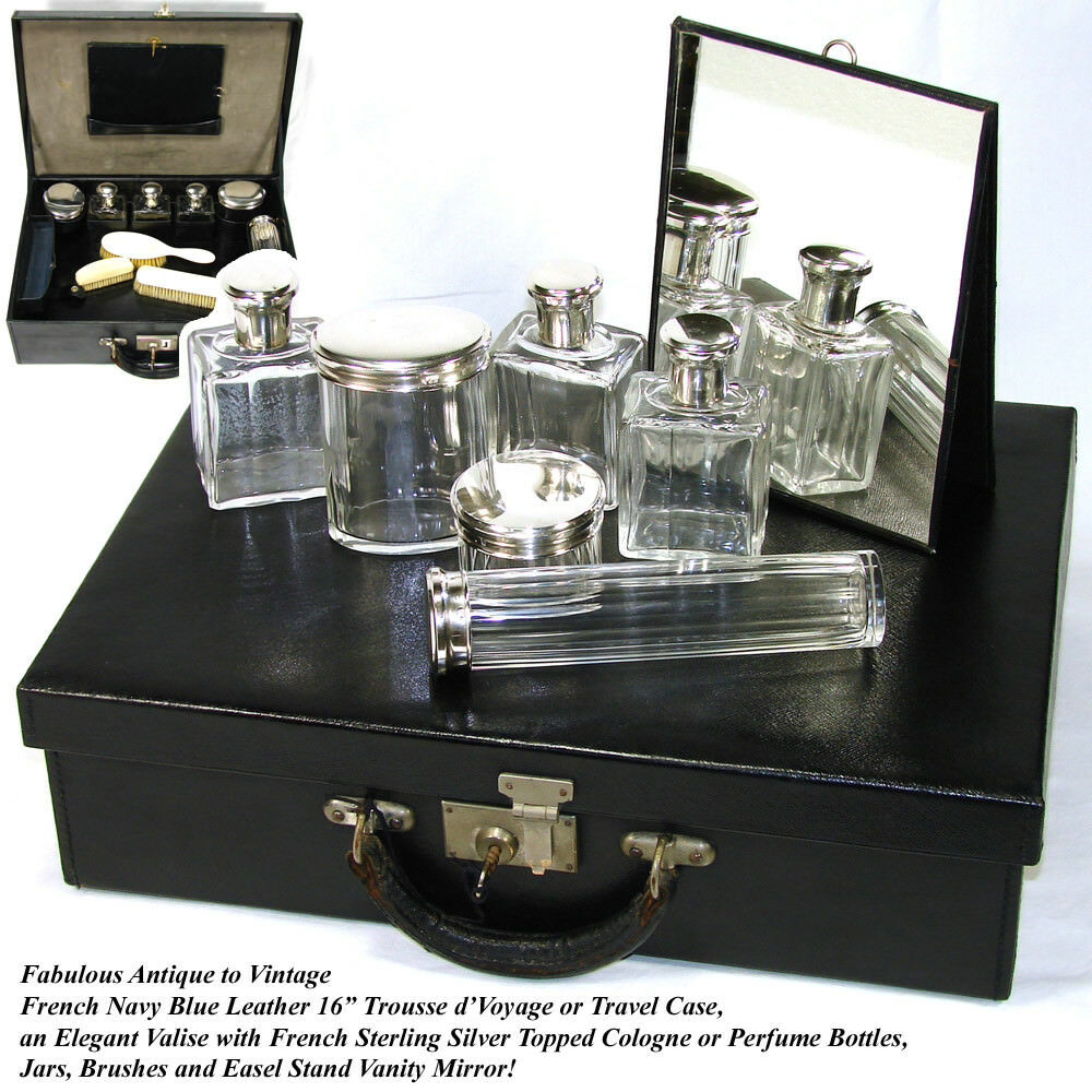 Antique French 16" Trousse d' Voyage, Travel Valise, Case: Sterling Silver  Jars, Necessaire