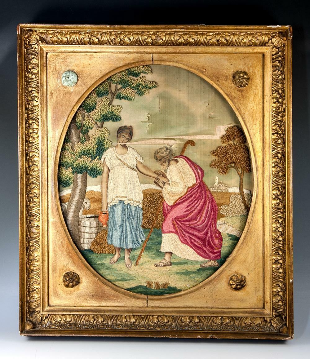 Antique 1700s English Silk Work Embroidery Tapestry, Sampler in Frame, Woman