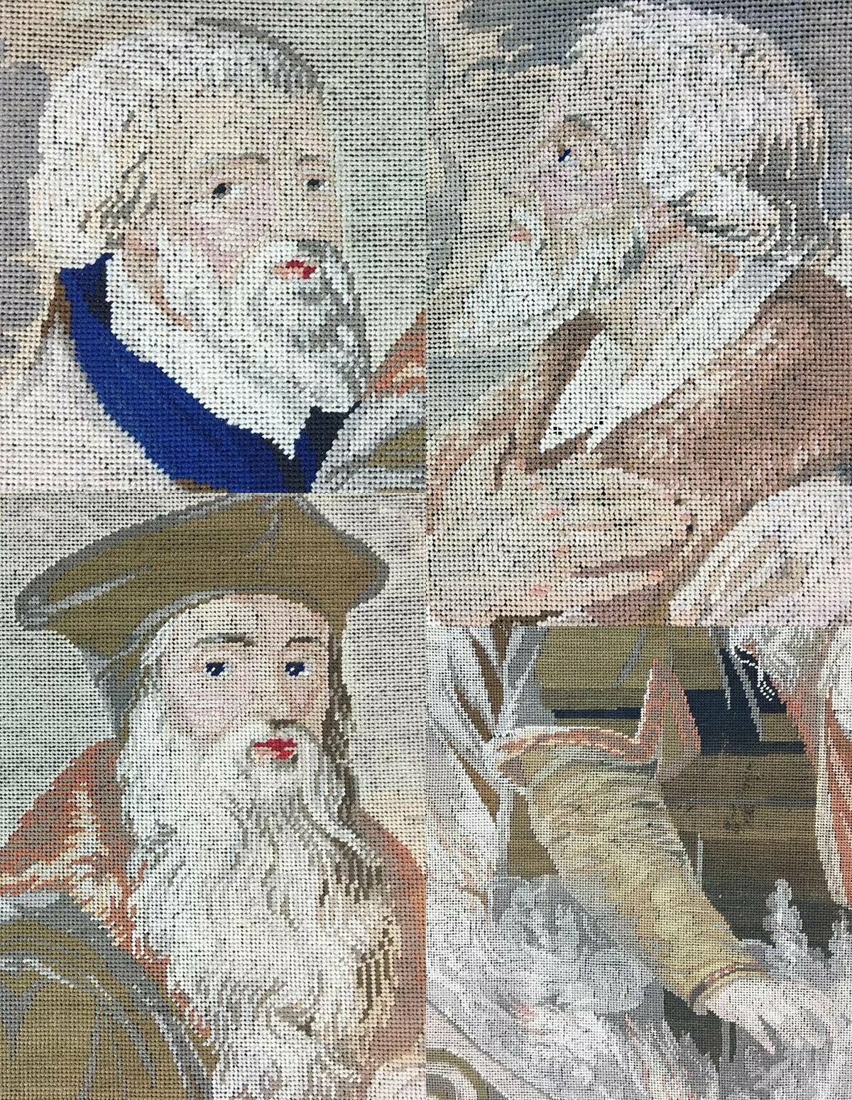 Antique Victorian Era Needlepoint Tapestry Panel, The Philosophers, No Frame 23"