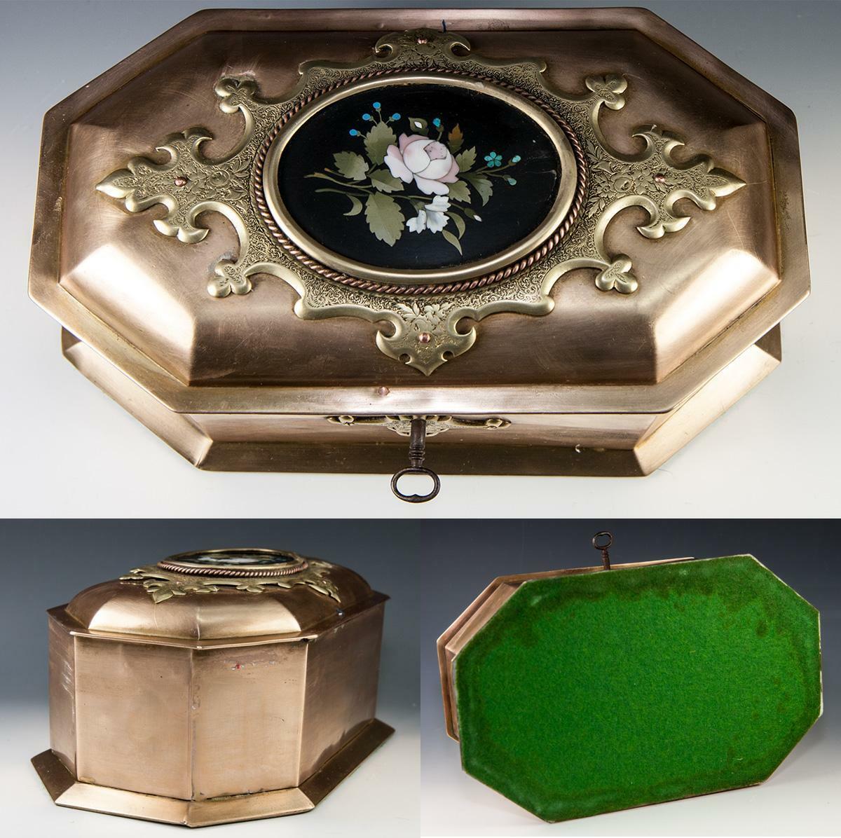 RARE Antique Heavy Italian Jewelry Box, 9.25" Casket, Pietra Dura Plaque c.1850
