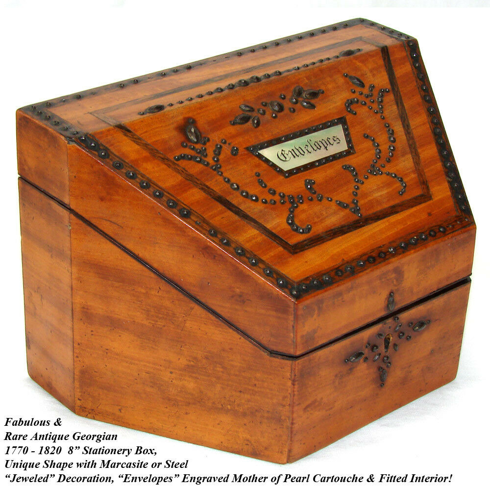Rare Antique Georgian Era "Envelopes" Stationery Casket, Box, Cut Steel Pique