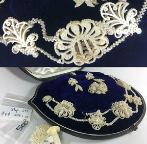 Antique Georgian to Early Victorian 18k Seed Pearl Parure, Box, Necklace, Brooch