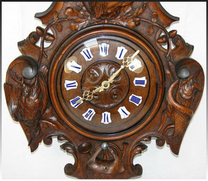 Antique Victorian Era Black Forest Carved 25" Wall or Parlor Clock, Hunt Theme