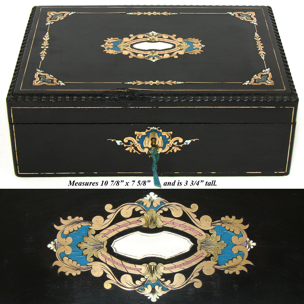 Rare Antique French Vanity & Sewing Box, Many Tools & Jars, Blue & Pink Boulle