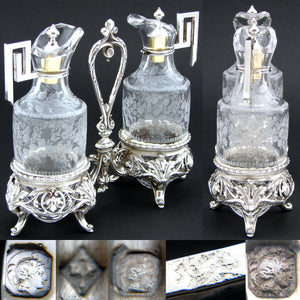 Antique French Sterling Silver & Cut Glass Solitaire Oil & Vinegar Cruet Stand