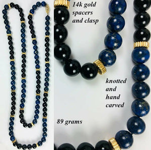 Vintage Hand Carved Lapis Lazuli and Jet Bead Necklace 32" Long, 14k Gold, Too