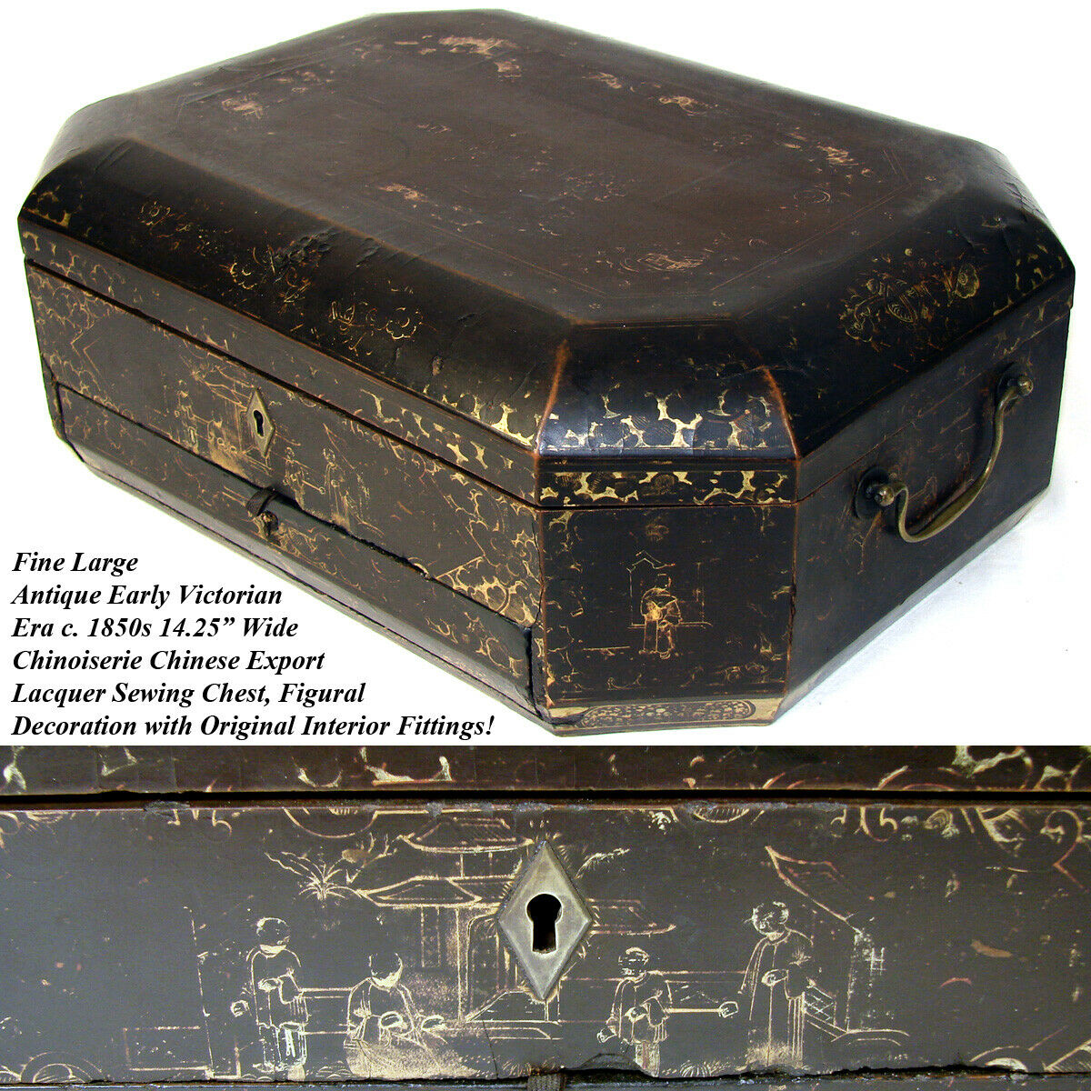 Antique Victorian Era Chinese Export Lacquer 14" Sewing Box, Chest with Fittings