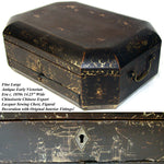 Antique Victorian Era Chinese Export Lacquer 14" Sewing Box, Chest with Fittings