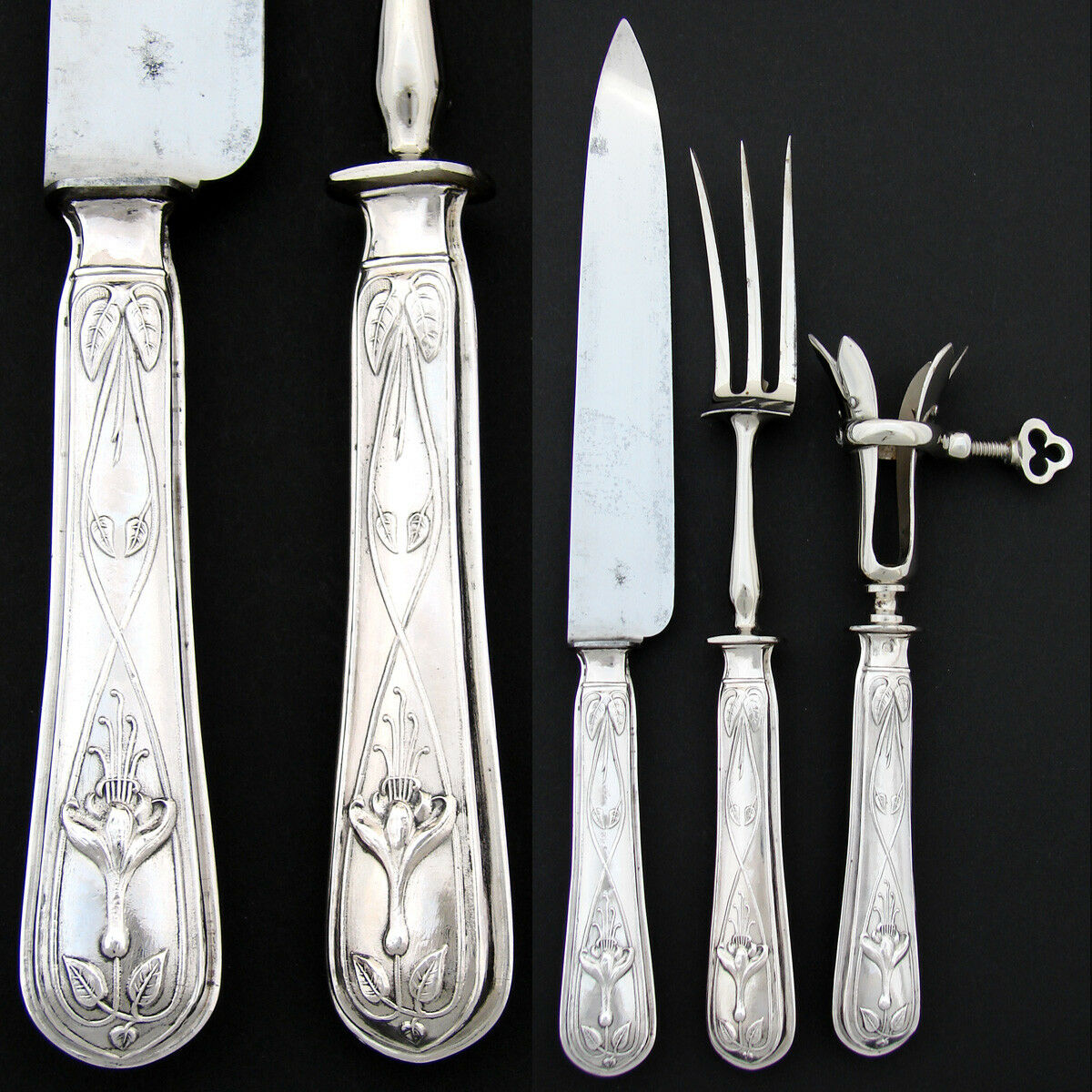 Antique French Sterling Silver 3pc Meat Carving Set, Art Nouveau Pattern, in Box