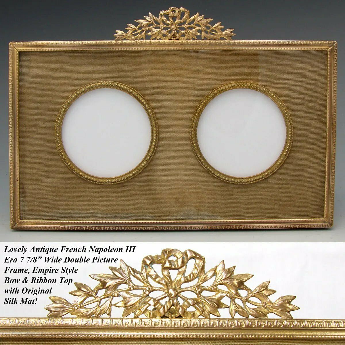 Antique French Dore Bronze 8” Double Picture Frame, Bow & Ribbon, Silk Mat