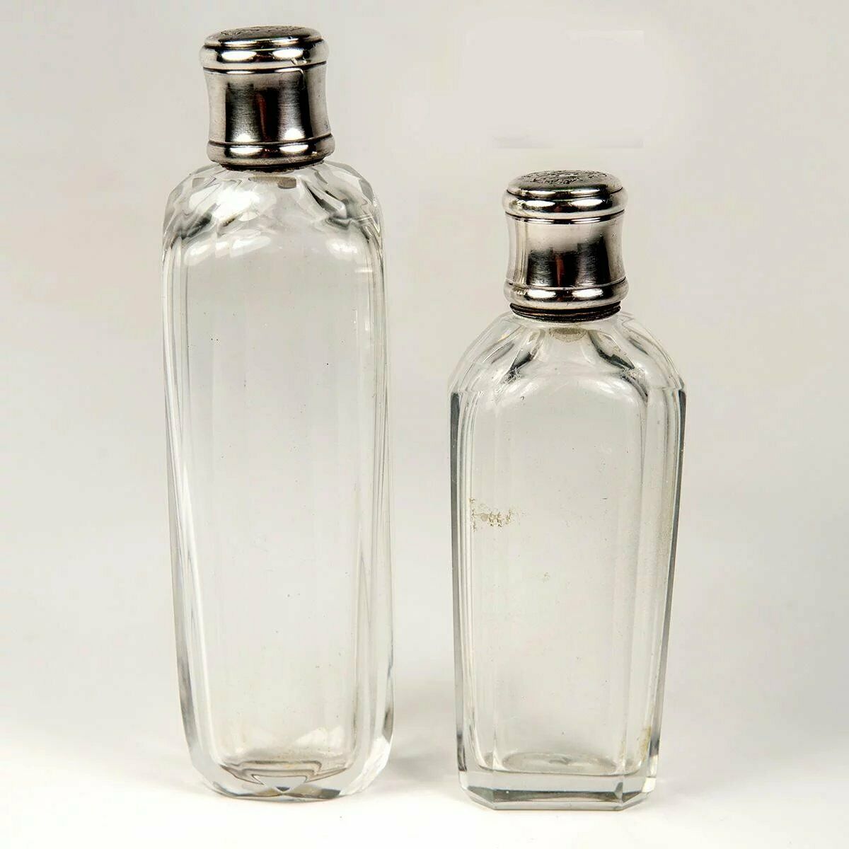 Pair (2) Antique French Sterling Silver & Cut Glass Flasks, Liqueur or Cologne