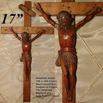 Antique Carved Wood Religious Sculpture, Medieval Style Christ Corpus, 17" Cross