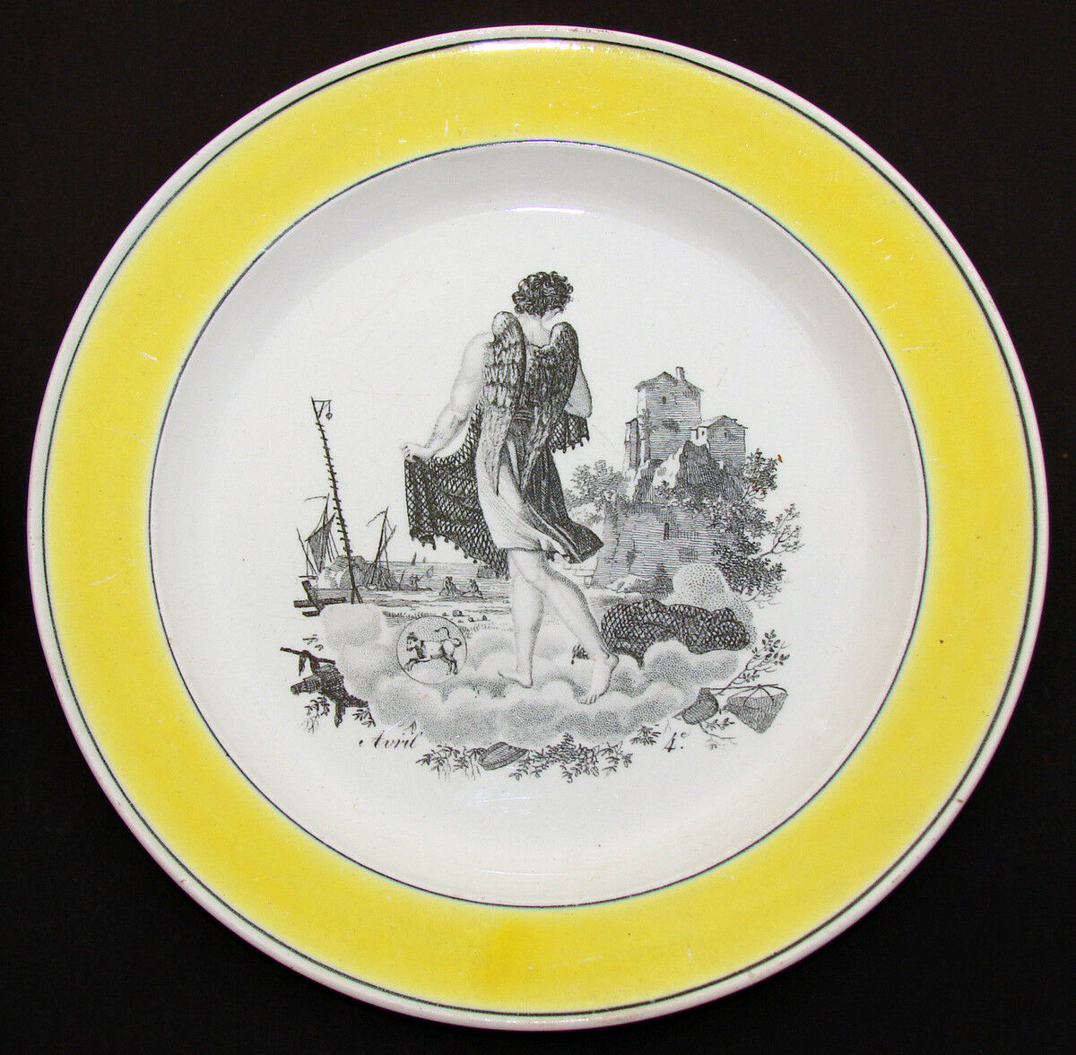 PAIR of Antique Creil 8 3/8" Cabinet Plates, Yellow Borders, "Mars" & "Avriel"