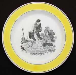 PAIR of Antique Creil 8 3/8" Cabinet Plates, Yellow Borders, "Mars" & "Avriel"