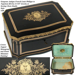 LG Antique French 14.5" Jewelry or Sewing Chest, Boulle, Crown Monogram, Tahan?