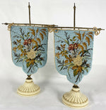 Fab Antique Victorian Glass Beadwork Face Screen Pair, on Stands, Porcelain Base