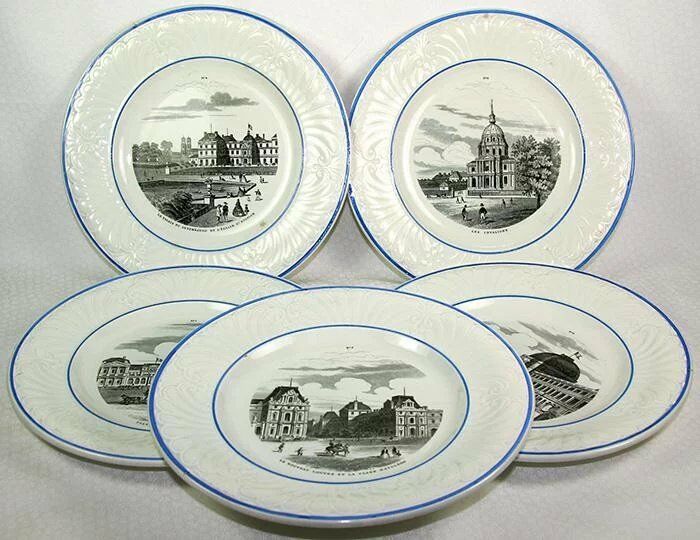 Five Spectacular Antique Plates, GRAND TOUR Scenes of Paris, 1800s Creil