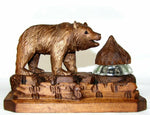 Antique Black Forest Carved Wood Inkwell, Bear Figure with Log Pen Holder, Stand