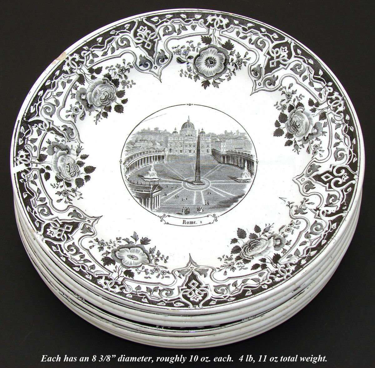 Antique Sarreguemines Faience 7pc 8 3/8" Cabinet Plate Set, Grand Tour Cities