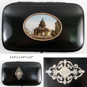 Antique French Cigar or Spectacles Case, Eglomise View of The Pantheon, Sorbonne