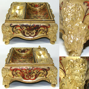 Antique Napoleon III Boulle Inlay 10" Double Inkwell, Colorful Inlay, w Sander