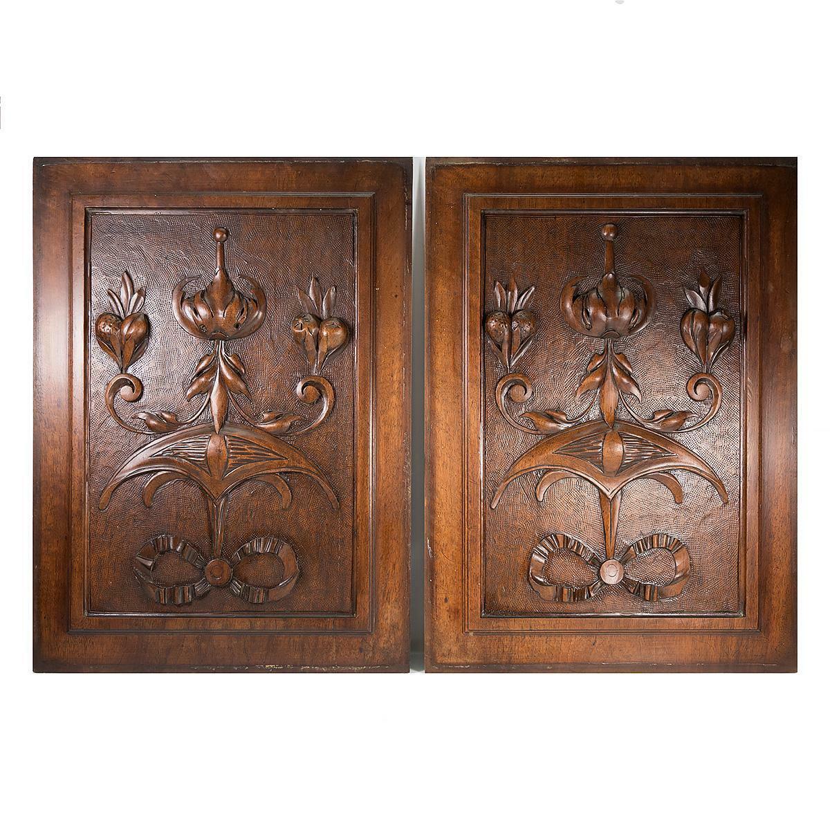 PAIR Antique Victorian 21x15" Carved Wood Architectural Furniture Door Panels