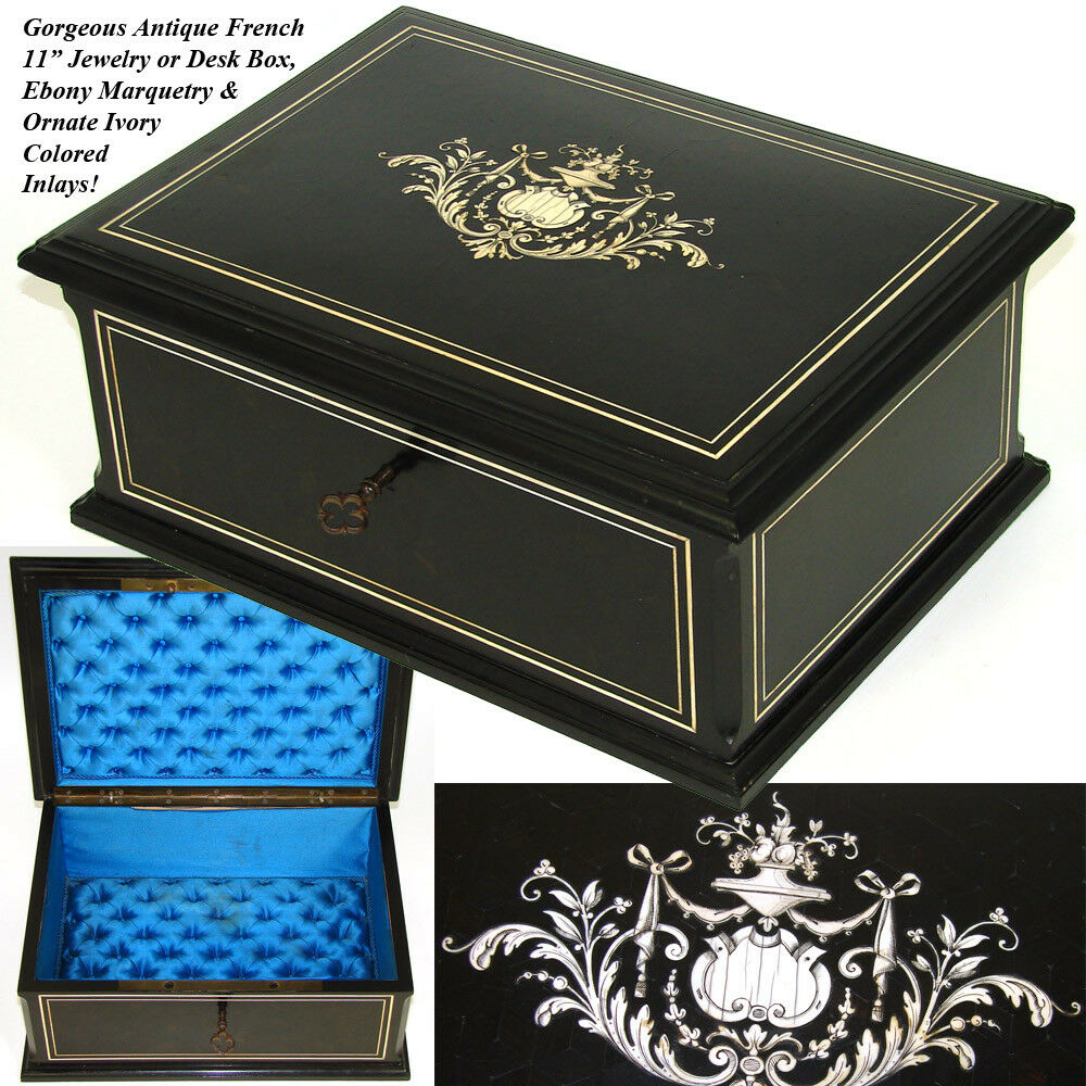 Elegant Antique French 11" Jewelry or Desk Box, Ebony Marquetry & Ornate Ivory Inlay
