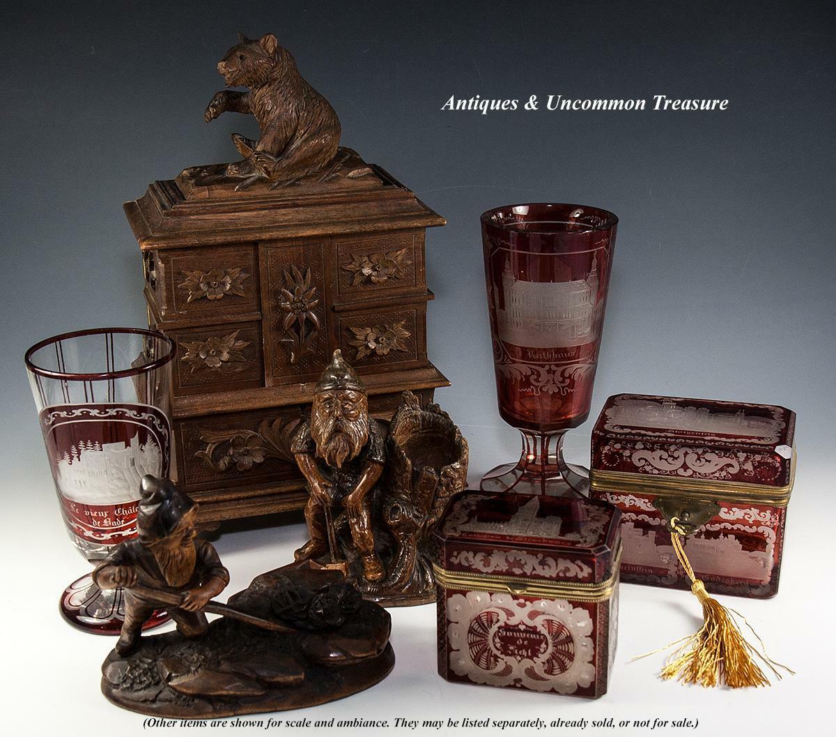 Antique Grand Tour Goblet, Bohemian Ruby Glass, Engraved, Chateau de Bade