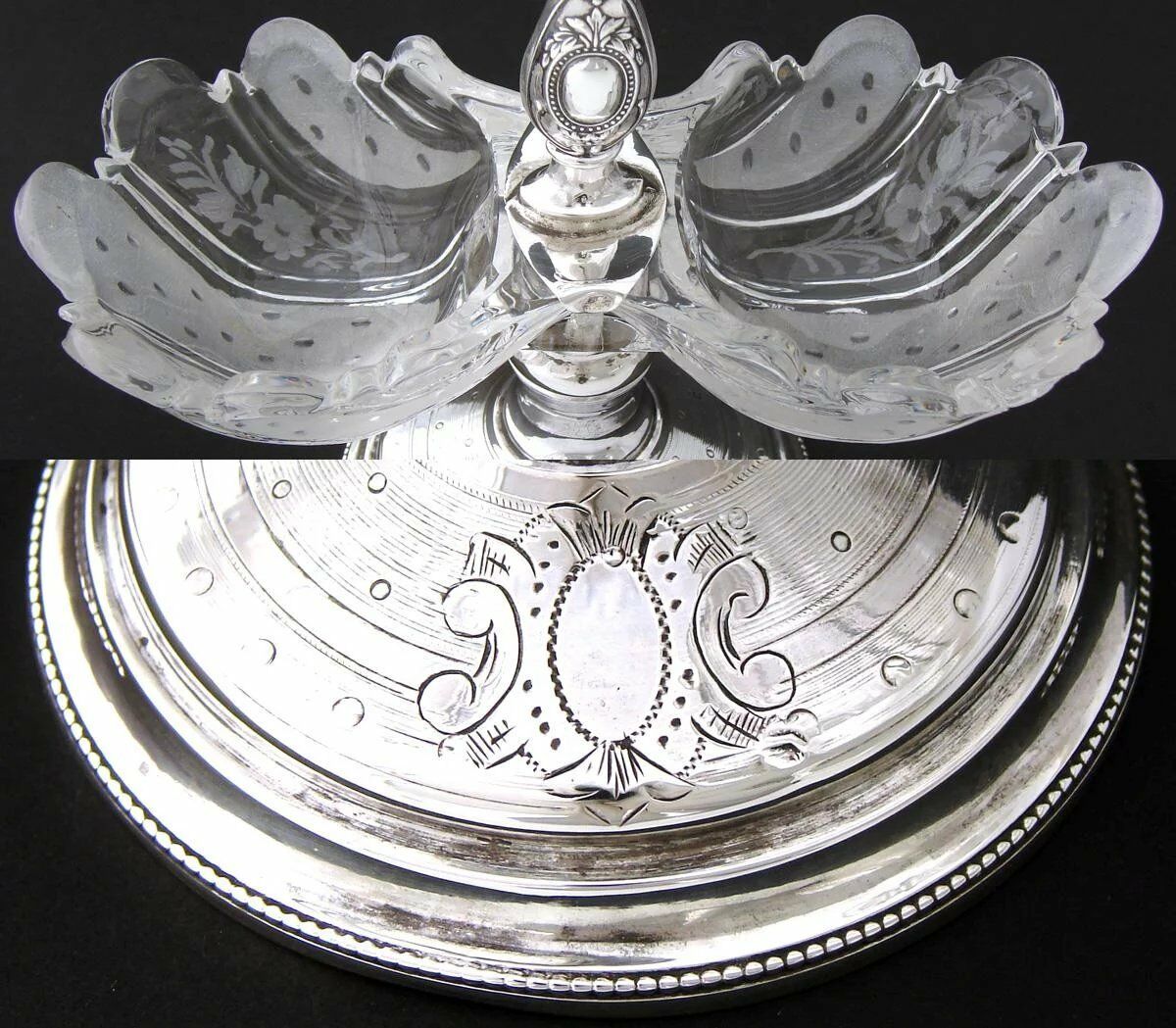 Antique French Sterling Silver Double Open Salt or Sweet Meat Serving Caddy