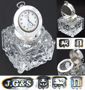 Antique Brilliant Cut Crystal & Sterling Silver 3.5" Inkwell, Pocket Watch Displ