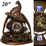 Antique Black Forest Carved 20" Mantel Clock, HUGE Hunt Style Game Birds