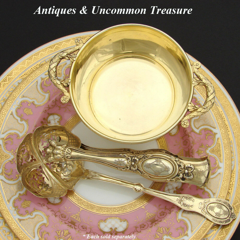 Antique French 18K Vermeil on Silver Condiments, Sugar Serving Utensil Set, Box