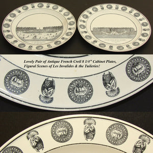 Pair Antique French Creil Faience 8 1/4" Cabinet Plates, Paris Grand Tour Scenes